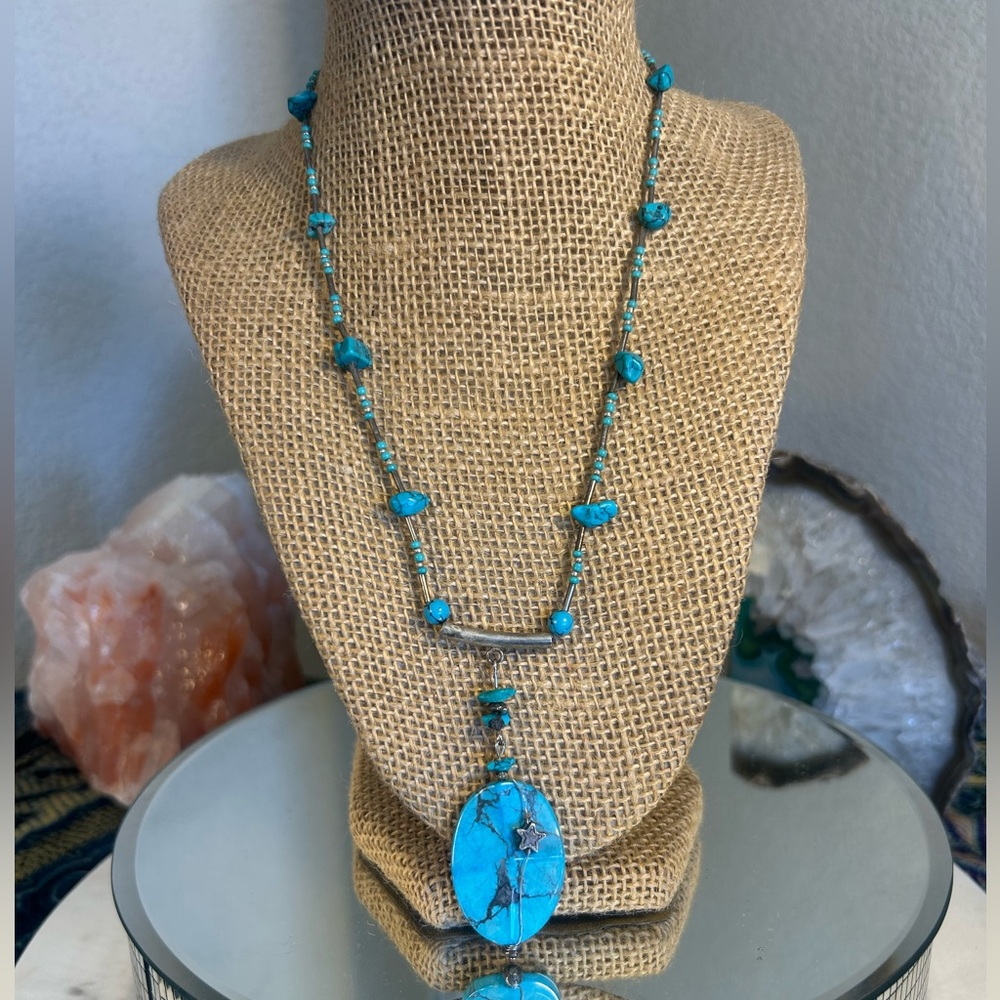 Turquoise Color stone pendant with wire wrap star on Beaded stone Necklace